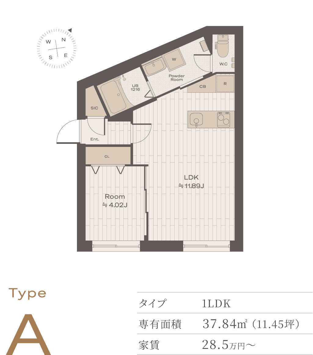 TOLEN SHIROKANE 間取りプラン Type A (1LDK 37.84平米)